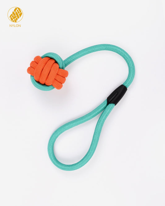 Nylon Rope and Ball Tug Toy With Loop - Orange Green